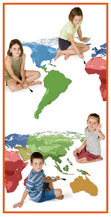 Children painting map of Earth
