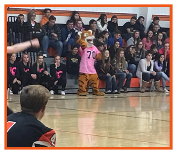 Capitan tiger mascot in pink t-shirt at basketball game